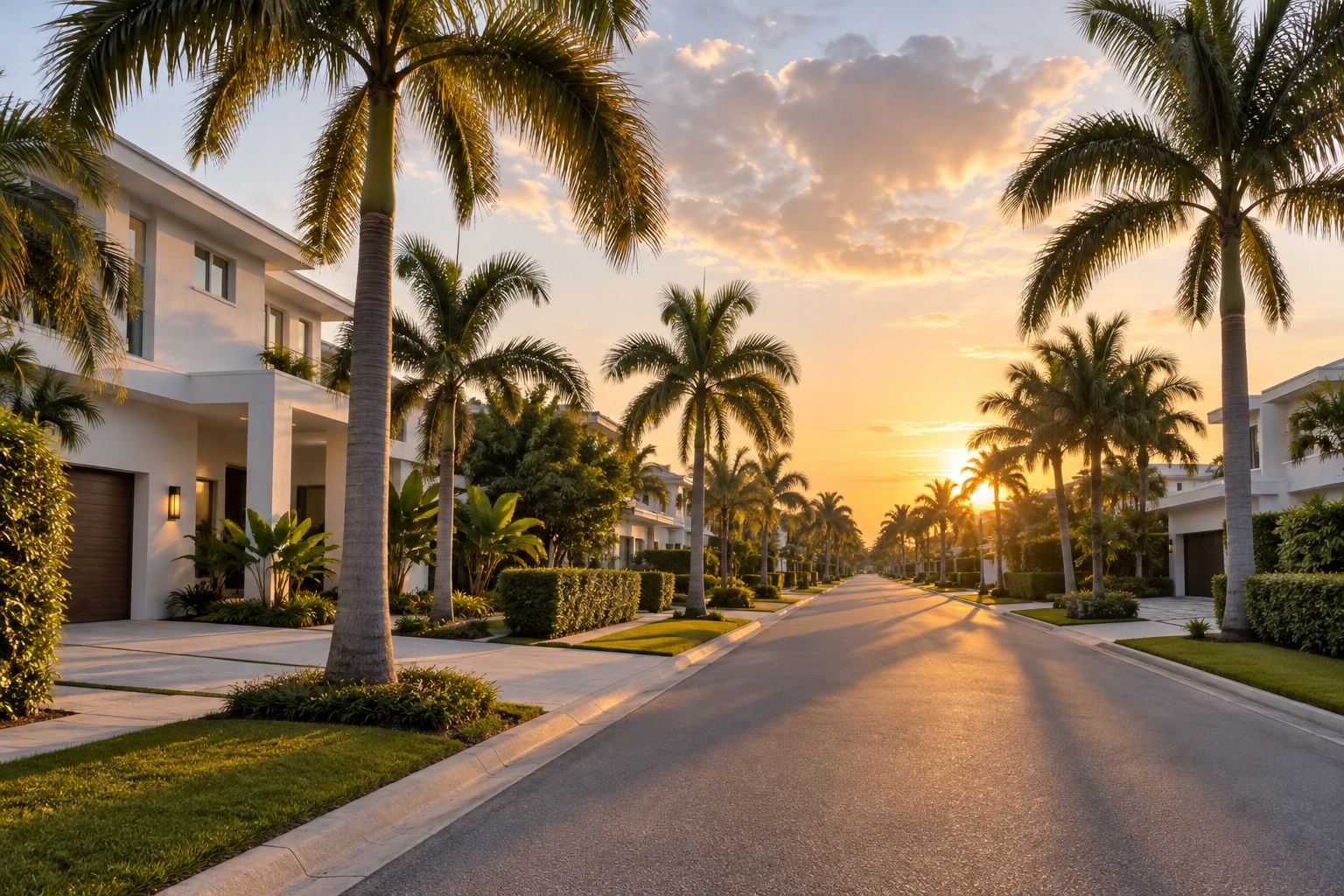 A palm lined South Florida residential street, illustrative