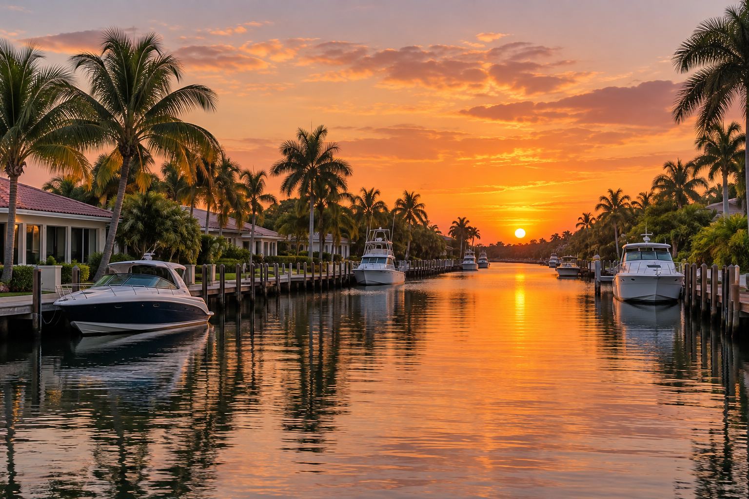 A calm South Florida canal at sunset, illustrative