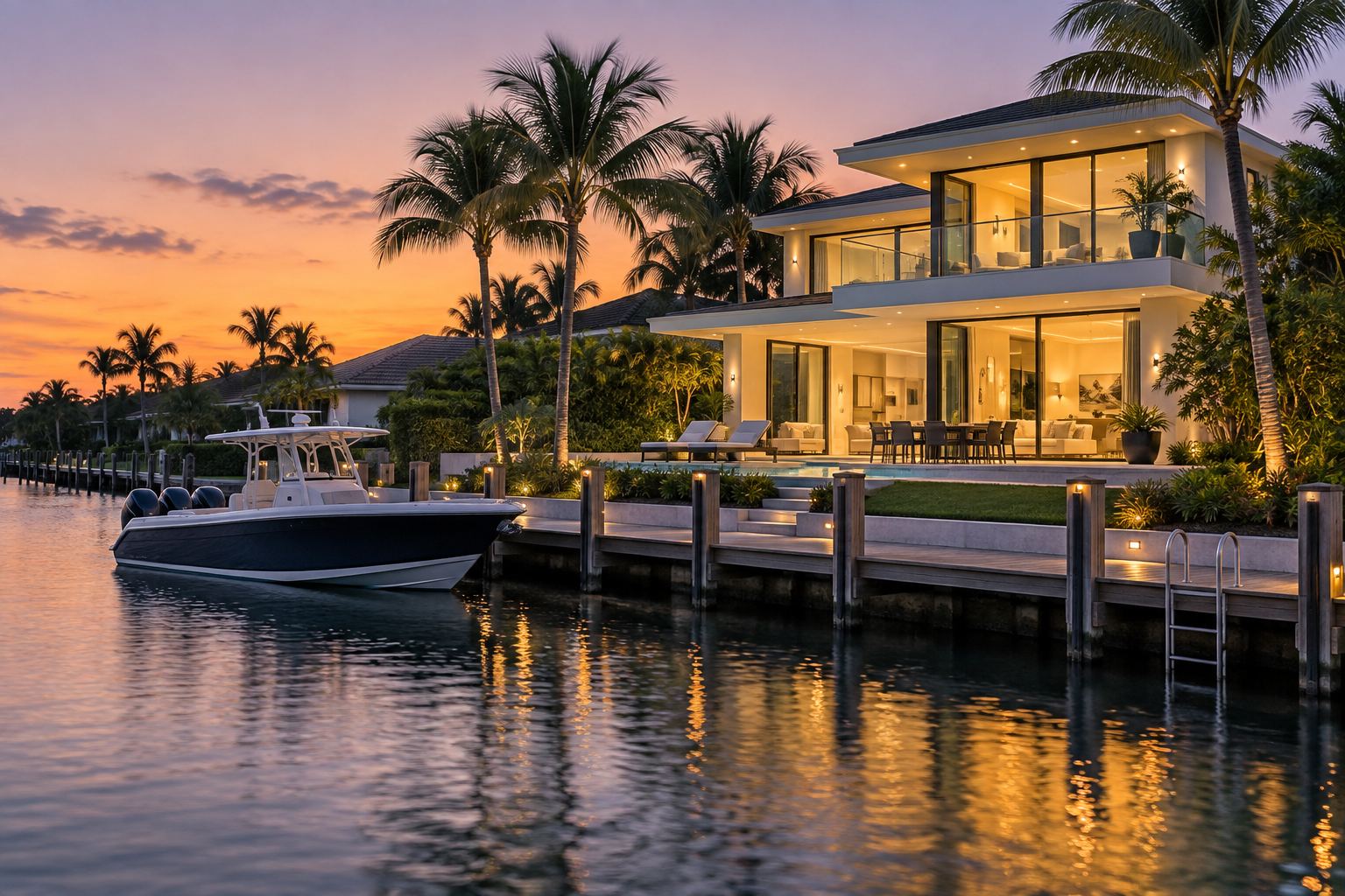 A South Florida waterfront home at dusk, illustrative
