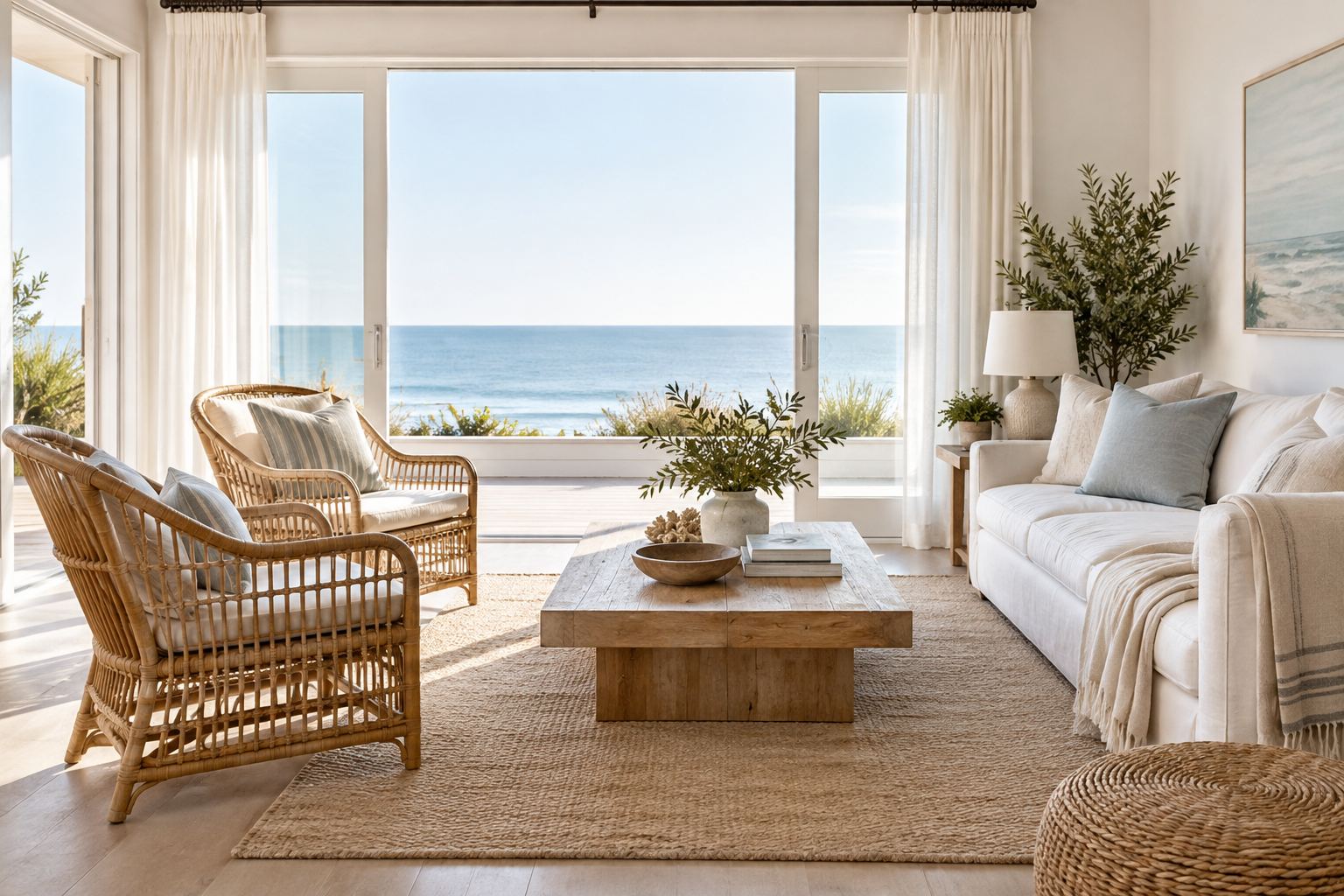 A light filled coastal living room, illustrative
