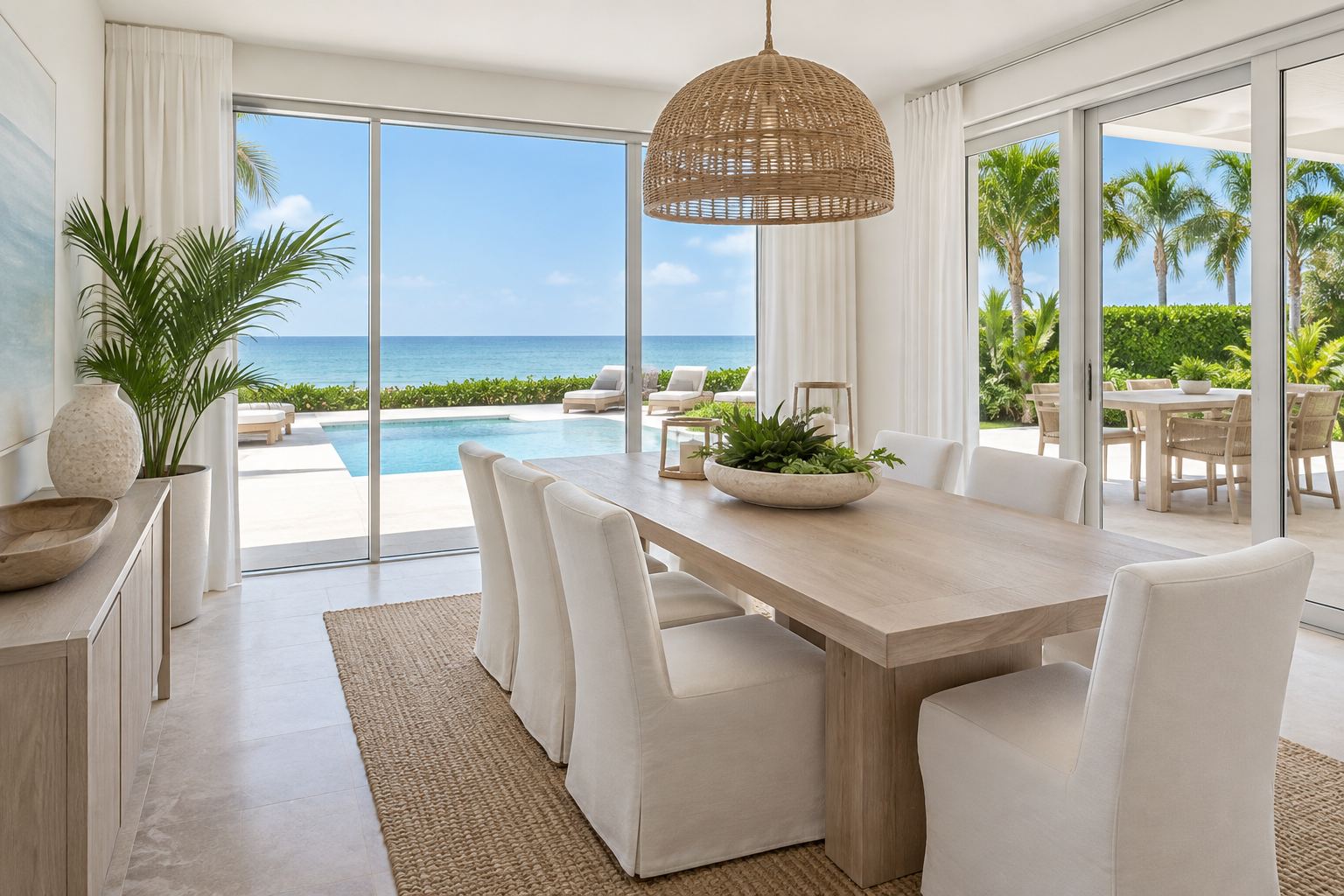 A bright coastal South Florida living room, illustrative